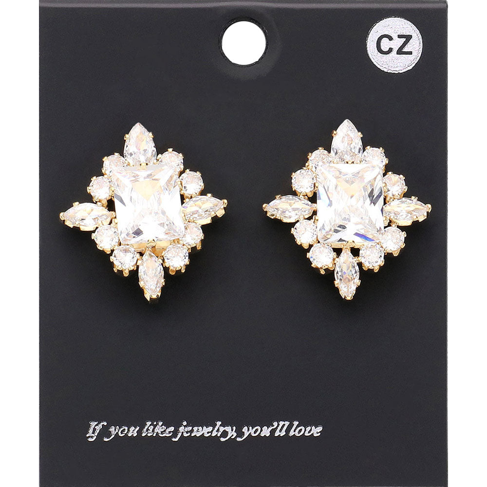Clear CZ Rectangle Stone Surrounded by Clear Stones Stud Earrings on Gold | Interview Earrings