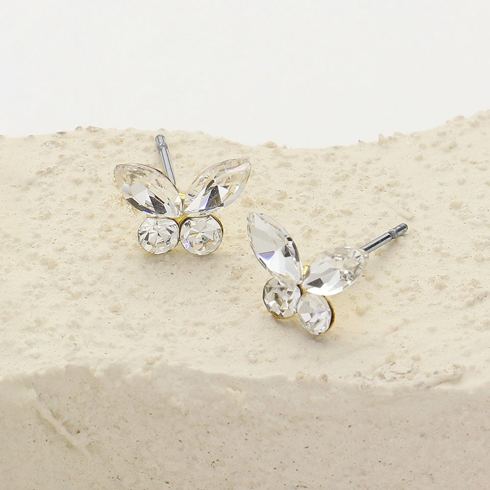Small Clear Stone Butterfly Stud Earrings for Little Girls on Gold | Small Earrings for Young Girls