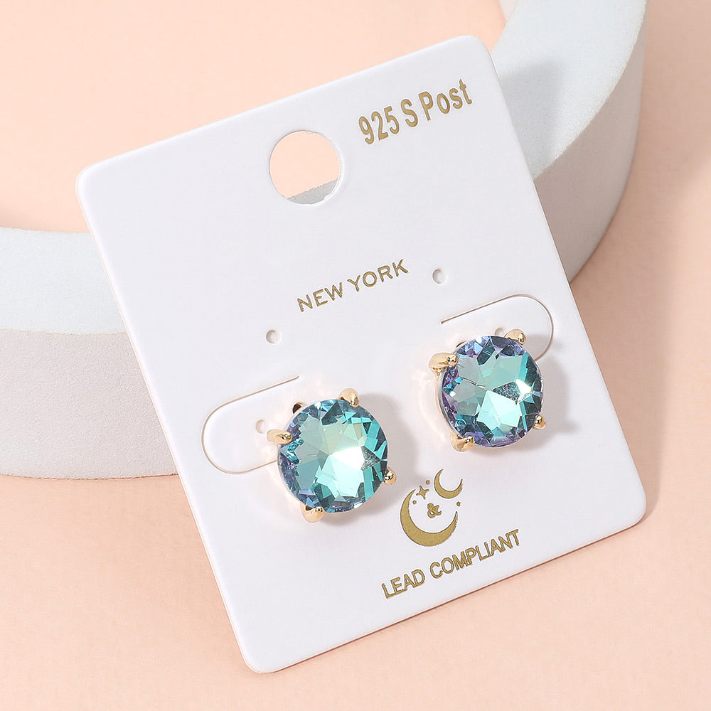 Aqua AB Round Stone Interview Stud Earrings | Aqua AB Stud Earrings