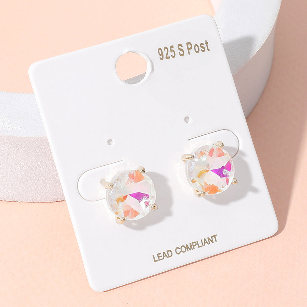 White AB Round Stone Interview Stud Earrings | White AB Stud Earrings