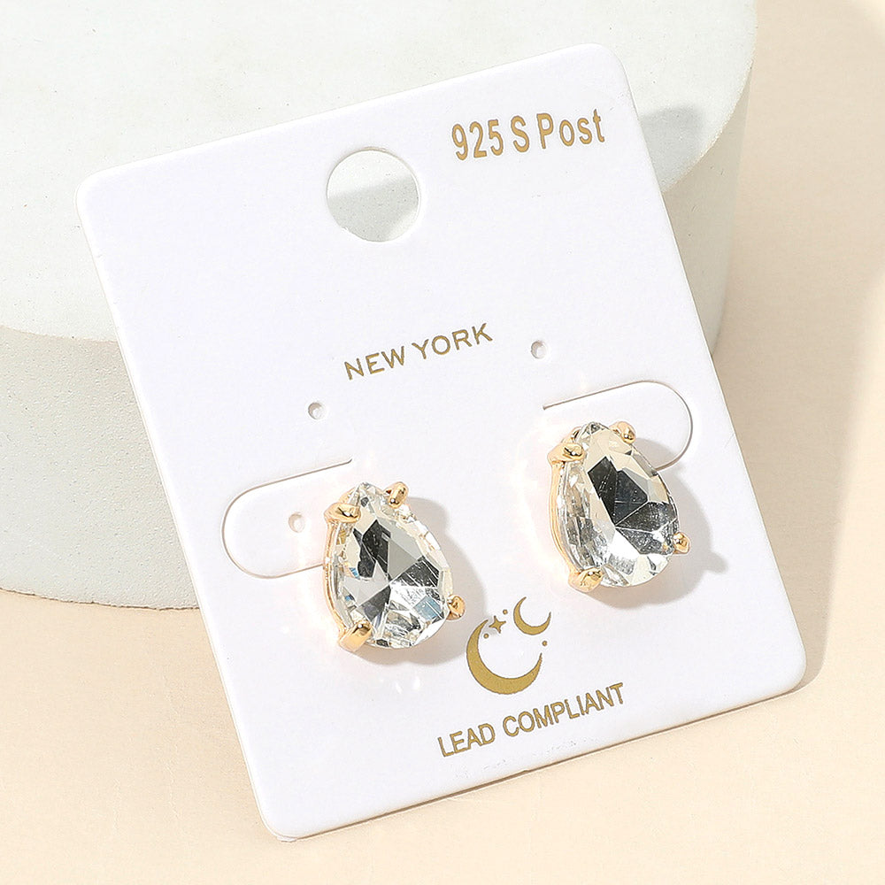Clear Teardrop Stud Earrings on Gold | Stud Earrings