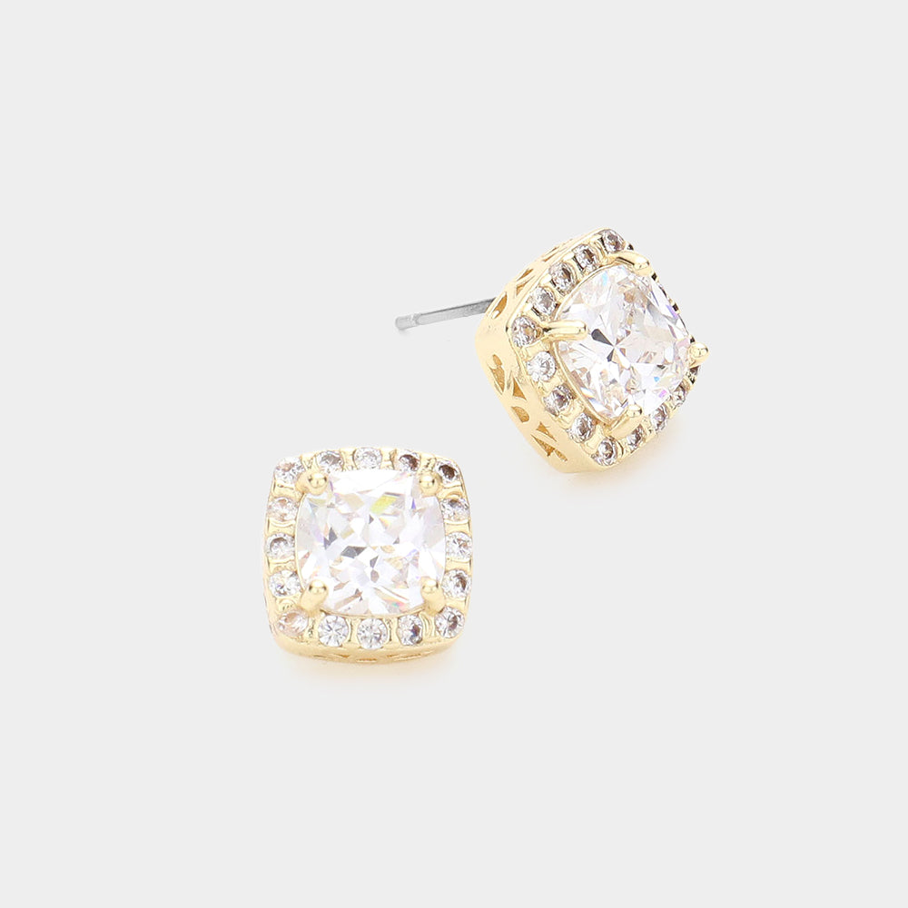 CZ Stone Stud Earrings Surrounded by Rhinestones on Gold | Interview Earrings | Small Stud Earrings