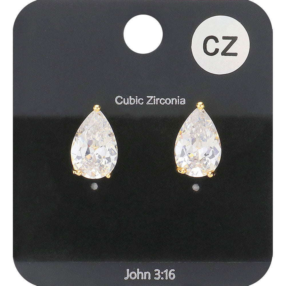 Small Clear Teardrop Stud Earrings on Gold