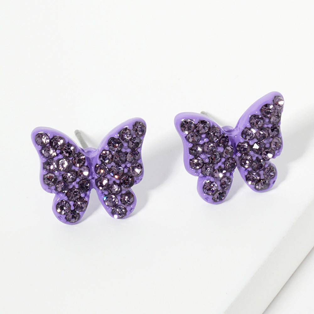 Small Purple Rhinestone Butterfly Stud Pageant Earrings | Crystal Earrings for Little Girls