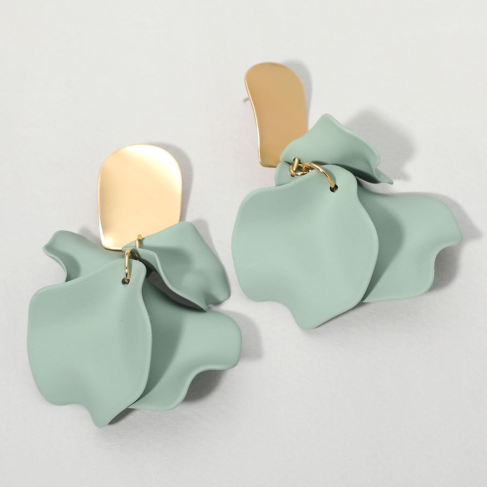 Sage green layered petal cluster statement drop fun fashion earrings on gold on a white background