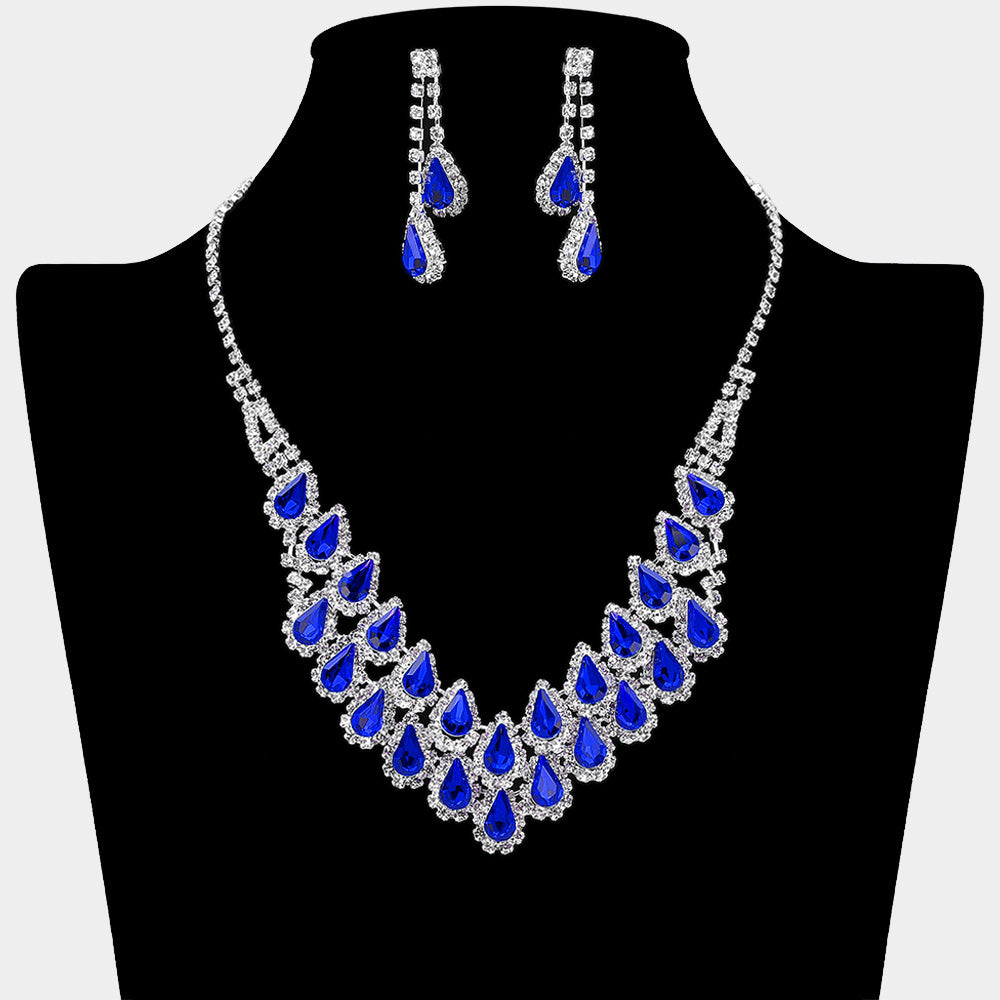 Sapphire Crystal Rhinestone Double Row Necklace Set on a black mannequin bust on a white background