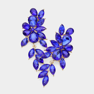 Sapphire Royal Blue crystal marquise statement earrings on gold with a cascading arrangement of faceted marquise stones, displayed on a white background.