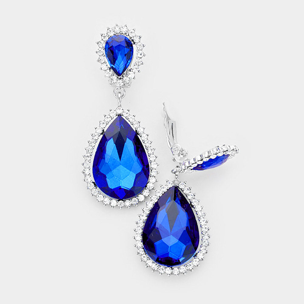 Sapphire Crystal with Rhinestone Trim Clip On Earrings on Silver | 412436