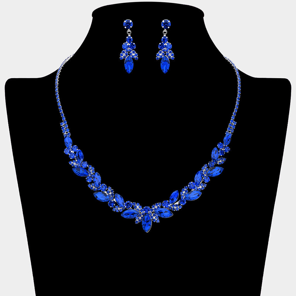 Sapphire blue marquise leaf rhinestone necklace set on silver displayed on black bust background