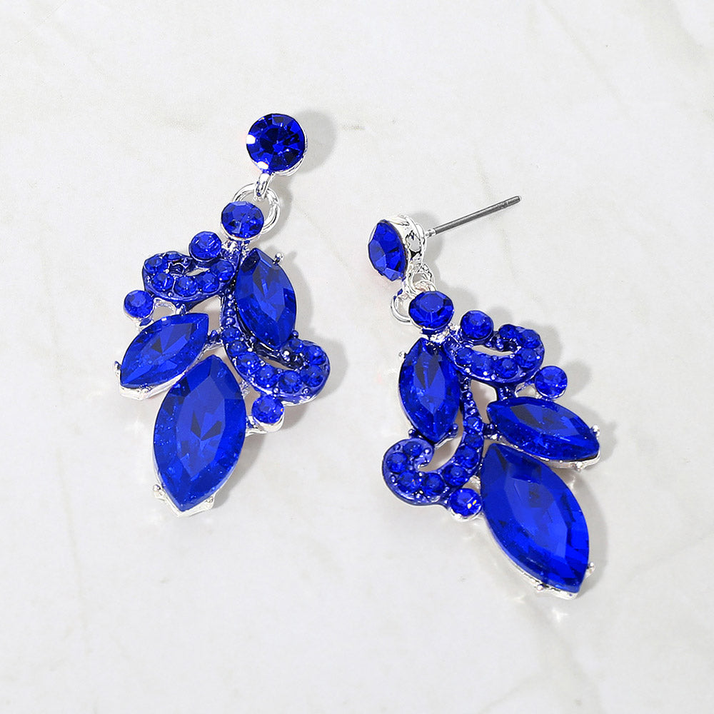 Sapphire-Royal Blue marquise stone cluster prom, beauty walk and formal drop earrings on silver on white background