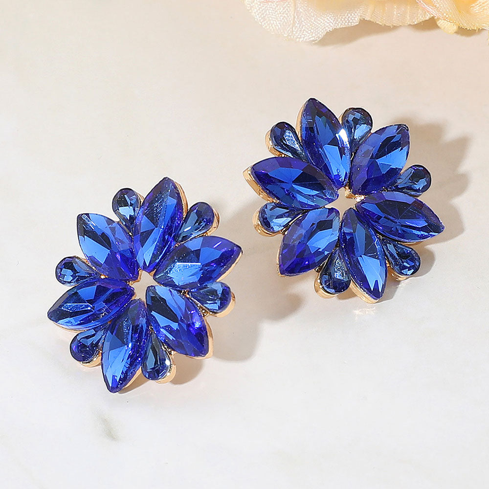Sapphire Marquise Stone Flower Pageant Earrings | Sapphire Evening Earrings on Gold |  664342