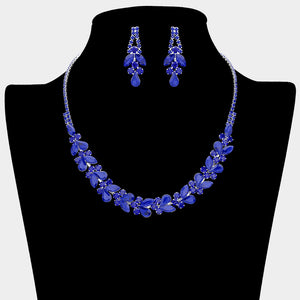 Sapphire marquise and teardrop rhinestone prom and evening necklace set on silver displayed on black mannequin necklace bust