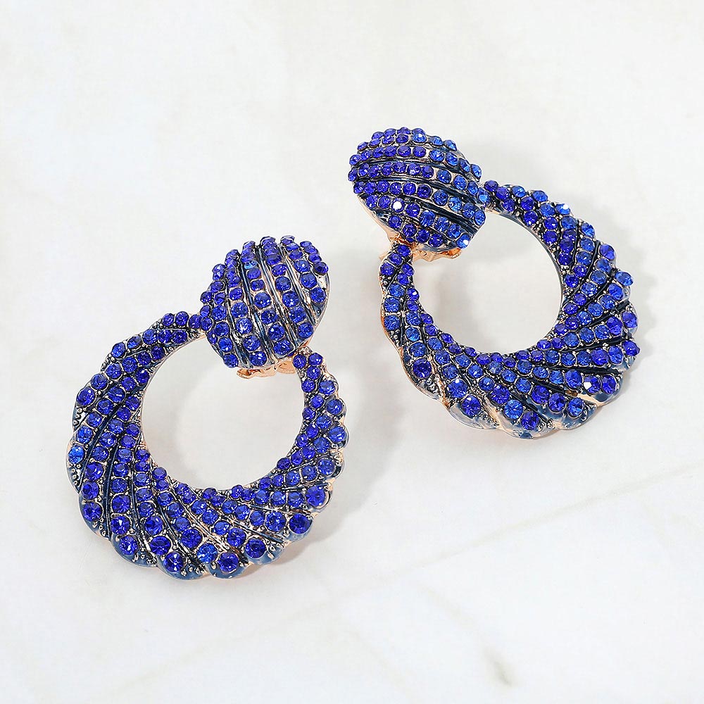 Sapphire-Royal Blue rhinestone pavé door knocker clip-on earrings on gold on a white background