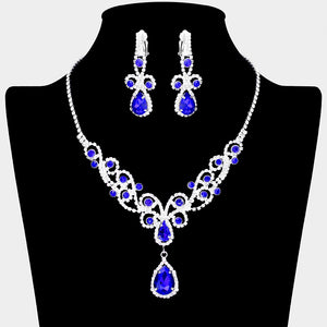 Sapphire royal blue teardrop crystal rhinestone vine necklace set with clip-on earrings on black bust