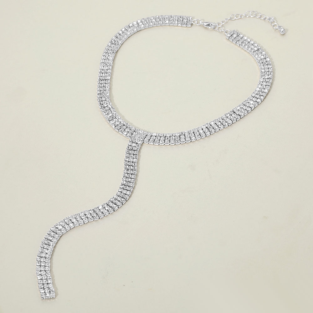 Silver Dipped 3 Line Rhinestones Y Shaped Necklace for Prom-Homecoming-Evening Wear |  676441