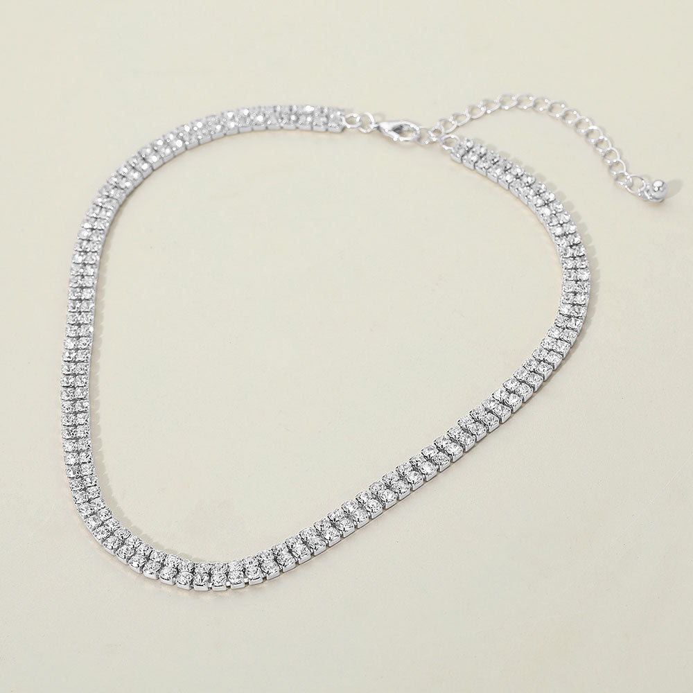 Silver Dipped Double Row Rhinestone Necklace for Prom-Homecoming-Evening Wear |  676447