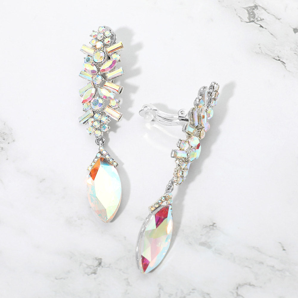 Slim AB Crystal Rhinestone Pave Clip On Pageant Earrings on Silver  | 690556