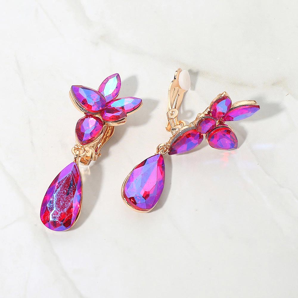 Slim Fuchsia Hot Pink AB crystal teardrop clip-on earrings on gold on white marble background