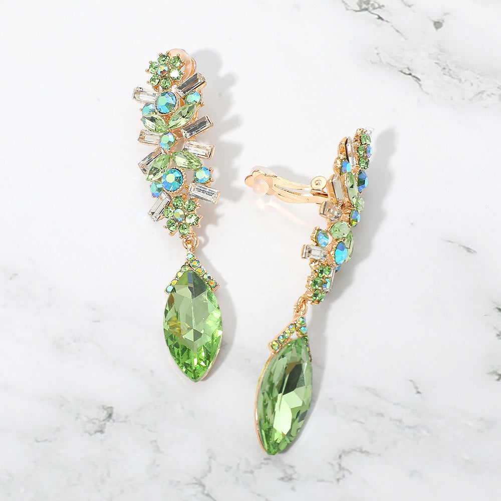 Slim Lime Crystal Rhinestone Pave Clip On Pageant Earrings on Gold  | 690554