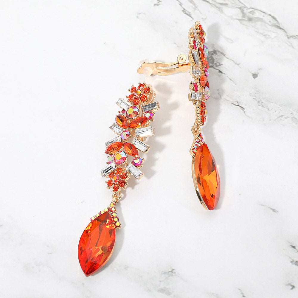 Slim Orange Crystal Rhinestone Pave Clip On Pageant Earrings on Gold  | 690555