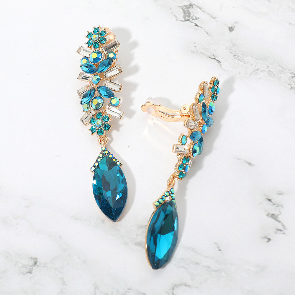 Slim Teal Crystal Rhinestone Pave Clip On Pageant Earrings on Gold  | 690553