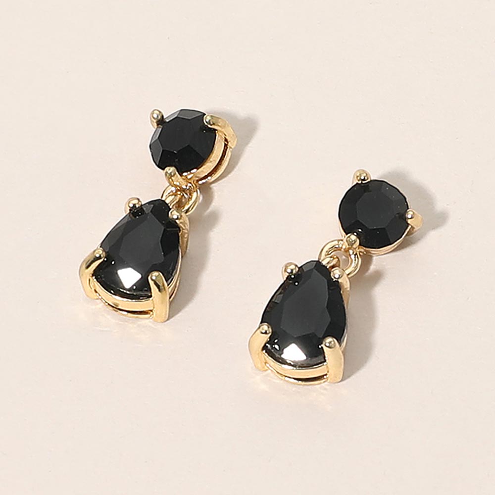Small Black Round Teardrop Dangle Pageant Earrings on Gold | Interview Earrings | 693189
