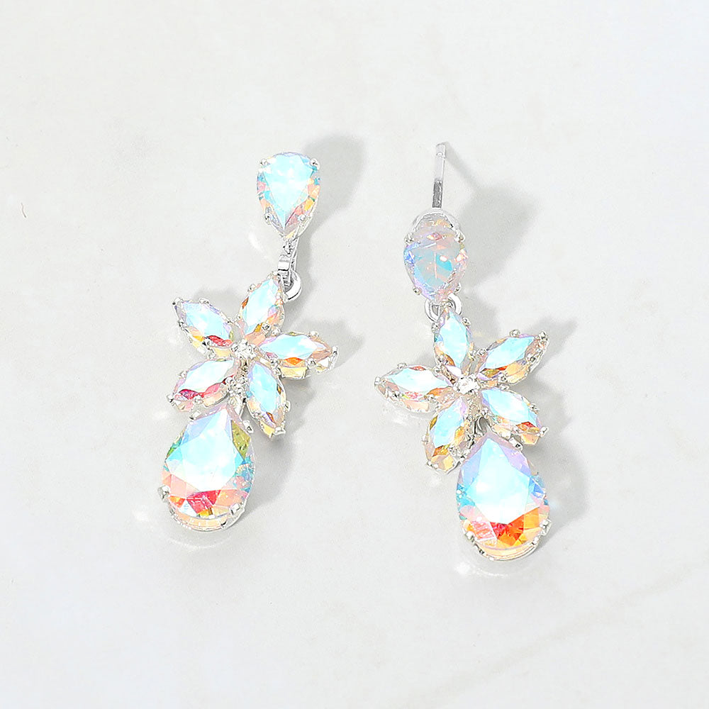Small AB crystal floral teardrop pageant earrings for little girls on silver on white background
