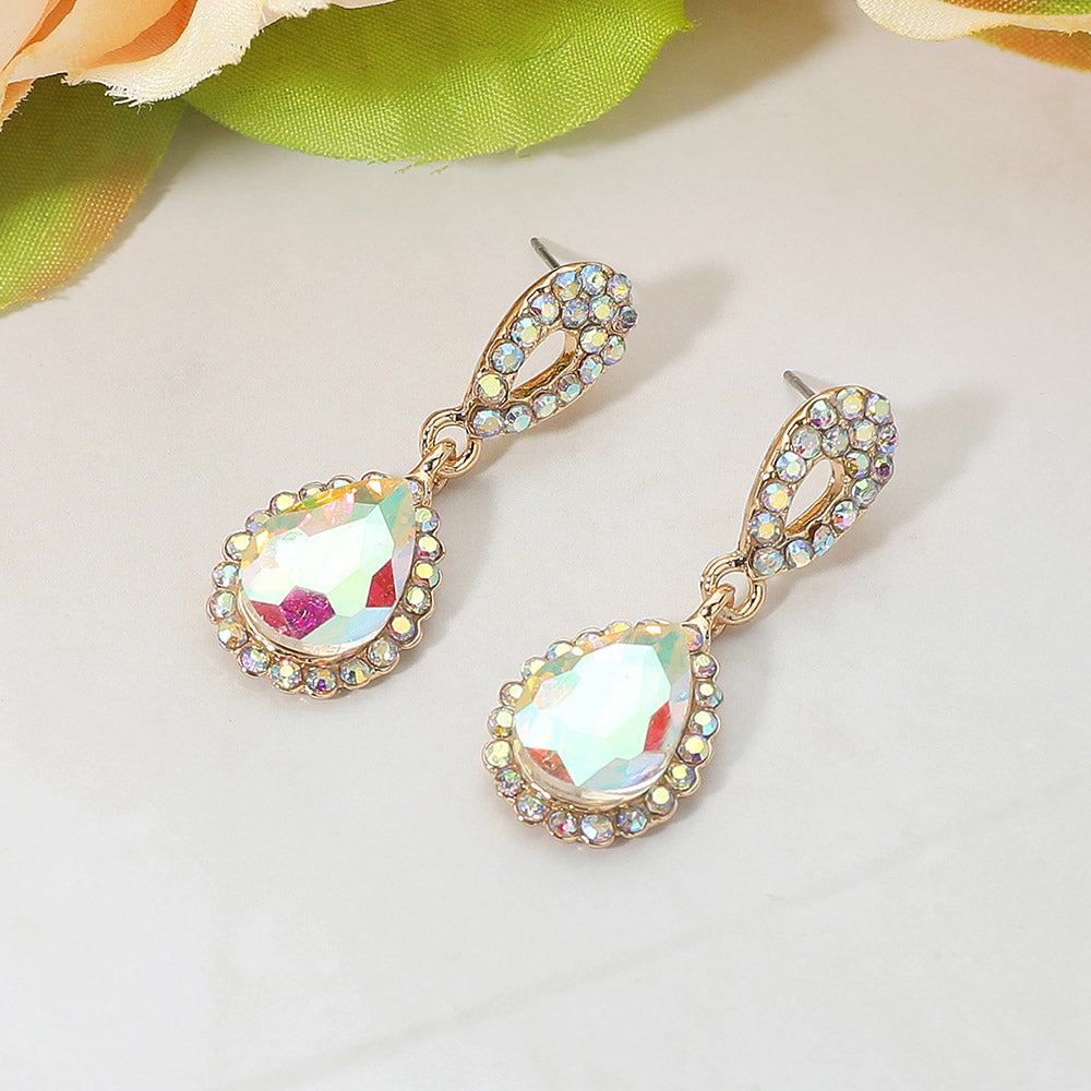AB rhinestone teardrop earrings set in gold on a white background for pageants or formalwear