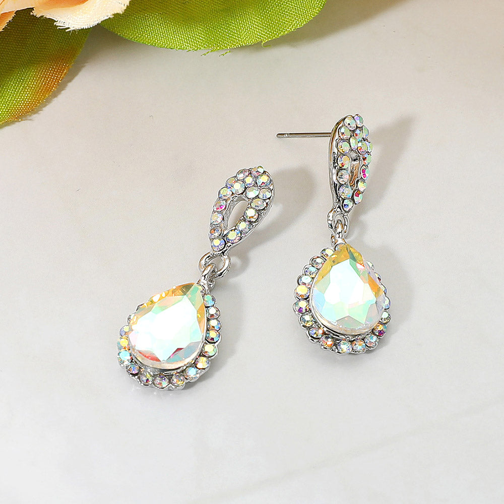 AB iridescent teardrop earrings with rhinestone accents on a white background for pageants or formalwear
