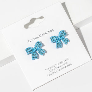 Small Aqua Rhinestone Bow Stud Earrings – Sparkly Little Girls Pageant & Everyday Jewelry  |  680020