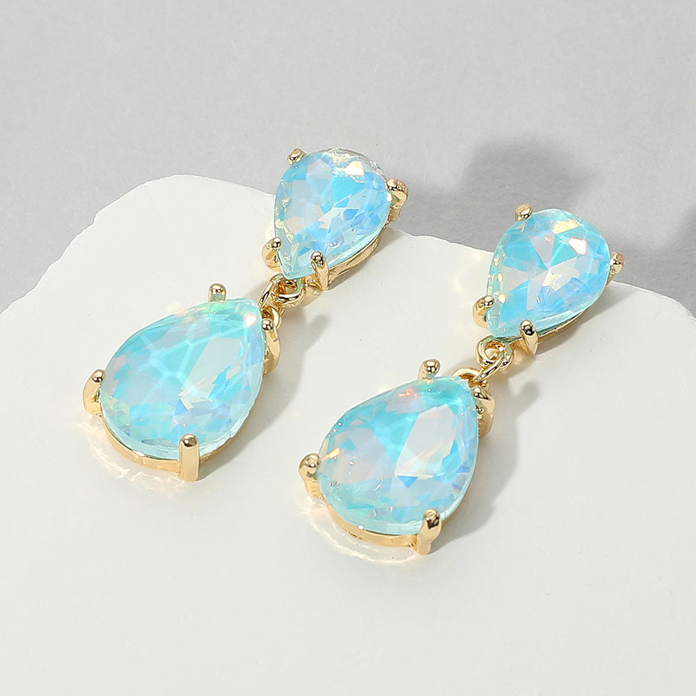 Small Blue Opal Double Teardrop Dangle Pageant Earrings  | Interview Earrings | 664487