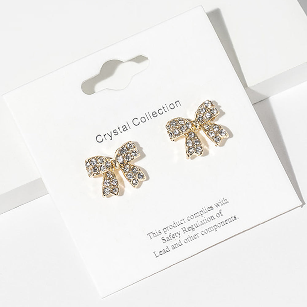 Small Clear Rhinestone Bow Stud Earrings on Gold – Sparkly Little Girls Pageant & Everyday Jewelry  |  680024