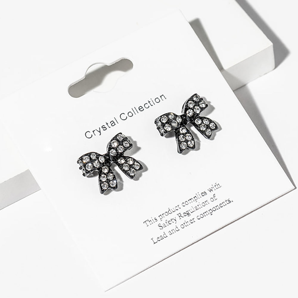Small Clear Rhinestone on Black Bow Stud Earrings – Sparkly Little Girls Pageant & Everyday Jewelry  |  680021