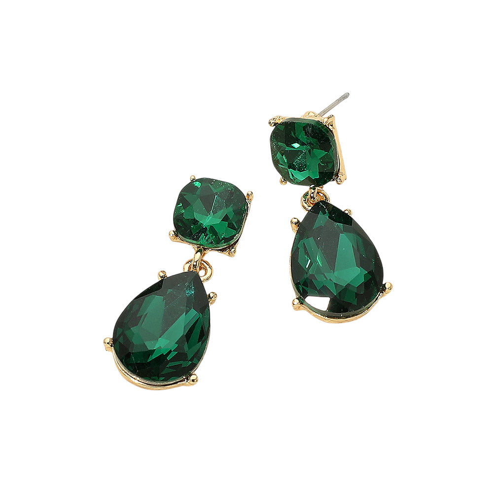 Emerald Green crystal drop earrings on gold with a cushion-cut top stone and large teardrop crystal, displayed on a light cream background.