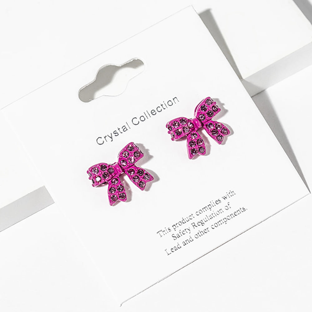 Small Fuchsia Rhinestone Bow Stud Earrings – Sparkly Little Girls Pageant & Everyday Jewelry  |  680023