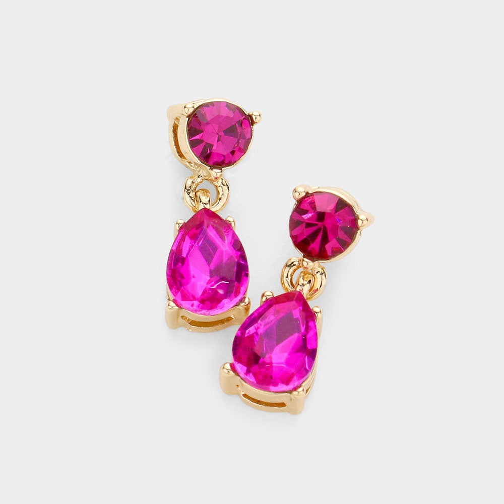 Small Fuchsia Round Teardrop Dangle Pageant Earrings on Gold | Interview Earrings |581689