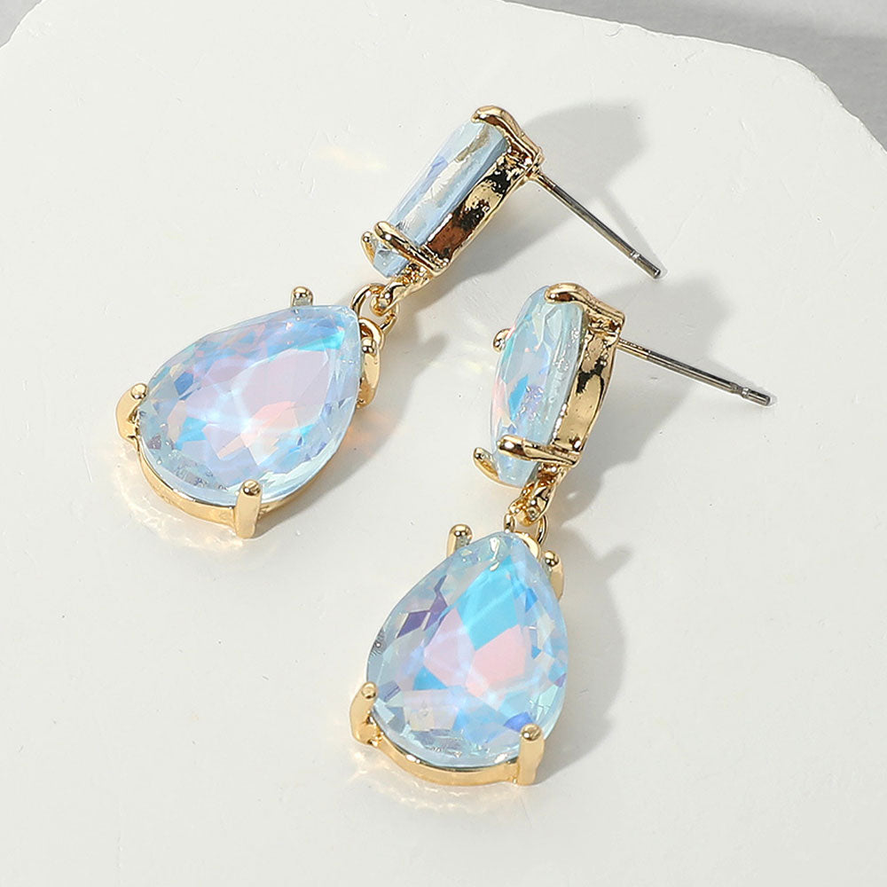 Small Light Blue Opal Double Teardrop Dangle Pageant Earrings  | Interview Earrings | 664490