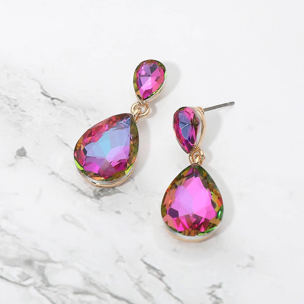 Small Pink AB Crystal Teardrop Dangle Earrings on Gold | Little Girls | Older Girls Interview on a marble background