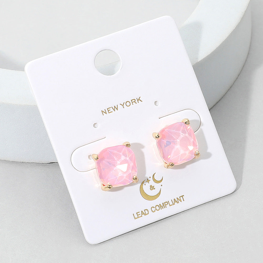 Small Pink Opal cushion square stud pageant and interview earrings on display card with gold setting