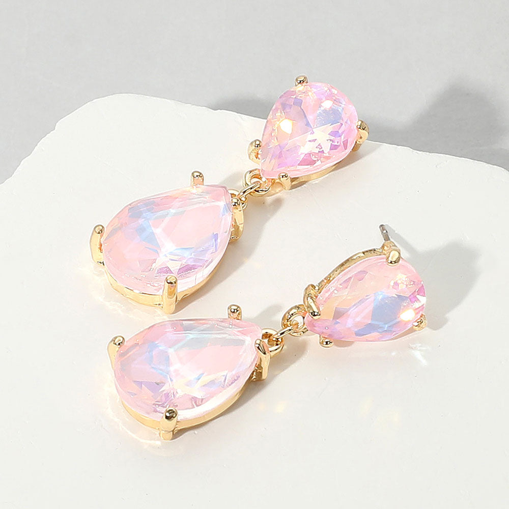 Small Pink Opal Double Teardrop Dangle Pageant Earrings  | Interview Earrings | 664493