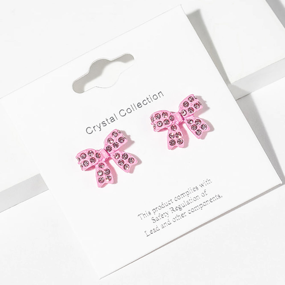 Small Pink Rhinestone Bow Stud Earrings – Sparkly Little Girls Pageant & Everyday Jewelry  |  680031