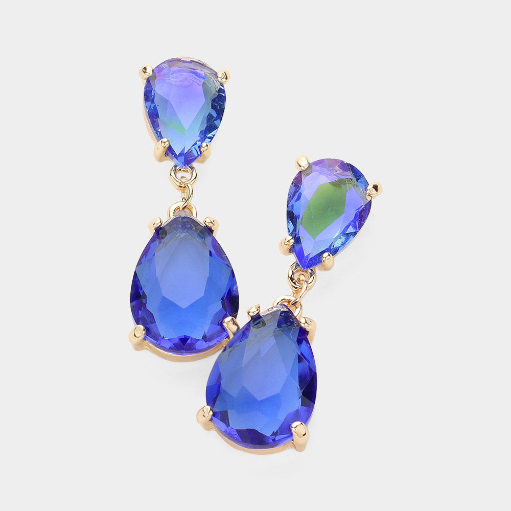 Small Sapphire Double Teardrop Dangle Pageant Earrings  | Interview Earrings | 638067