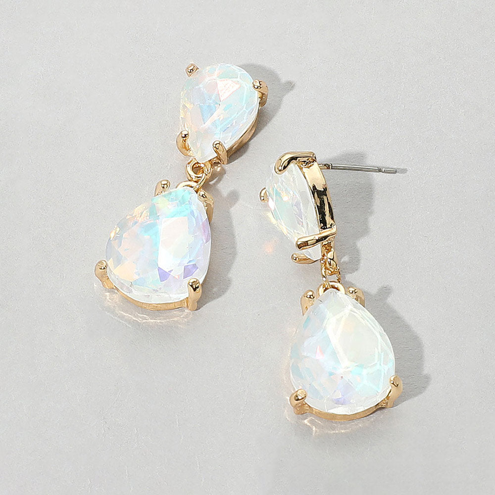 Opal Stone White double teardrop earrings on gold on a light gray background