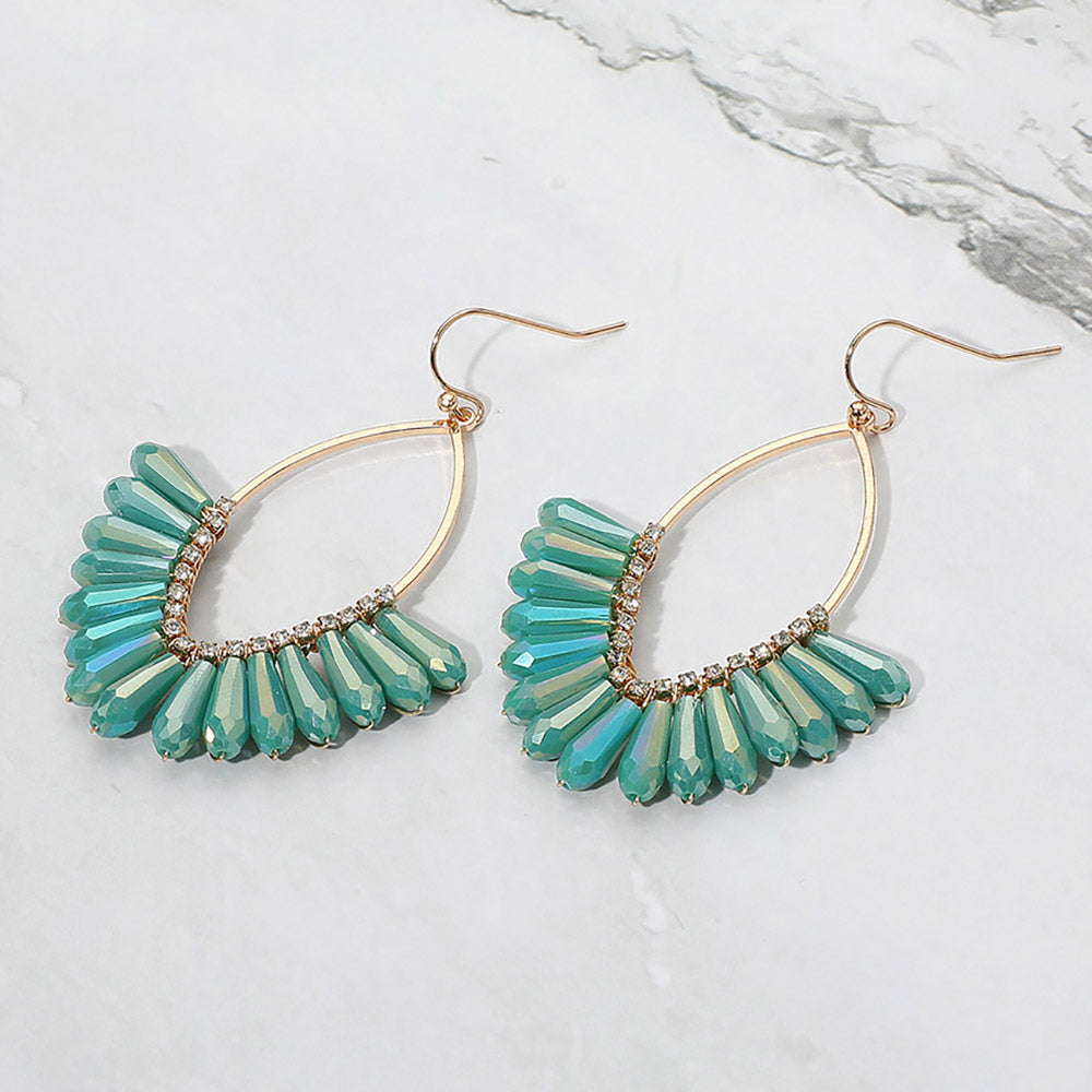 Teal Faceted Beaded Open Marquise Fan Dangle Earrings
