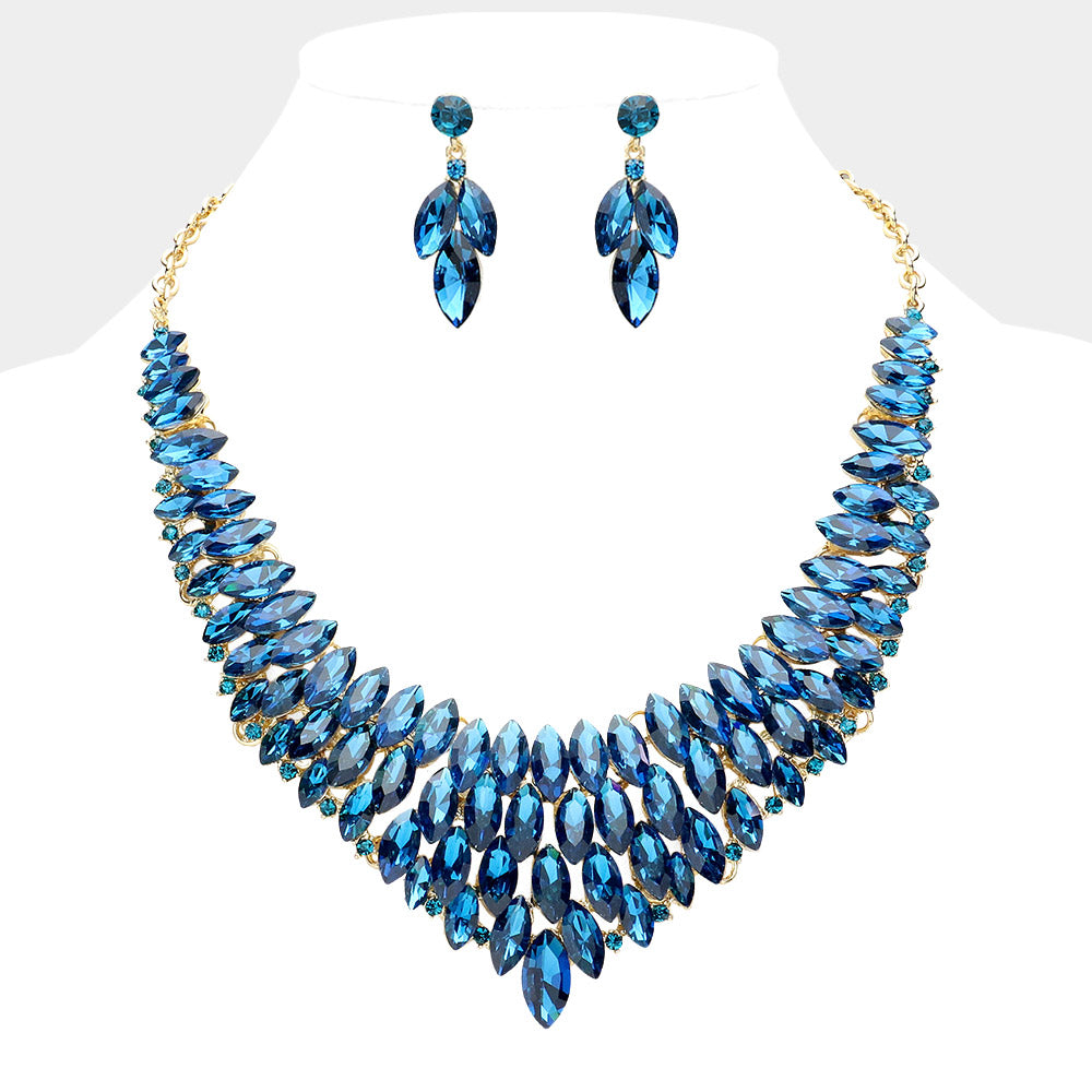 Teal Marquise Stone Embellished Collar Evening Necklace Set | Crystal Necklace Set | 643218