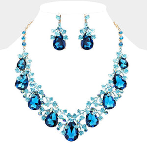 Teal Teardrop Rhinestone Floral Necklace Set on Gold– Crystal Prom Evening Jewelry |  479361