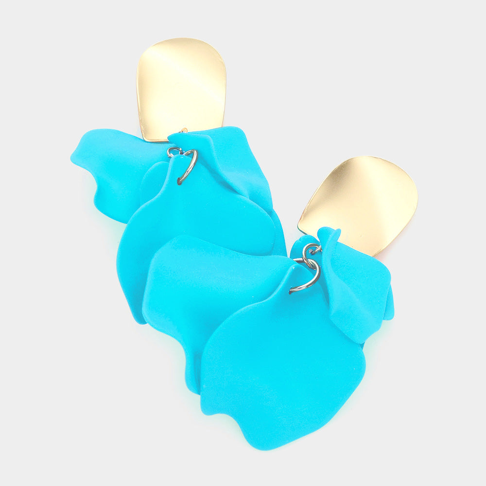 Turquoise layered petal cluster statement drop fun fashion earrings on gold on a white background
