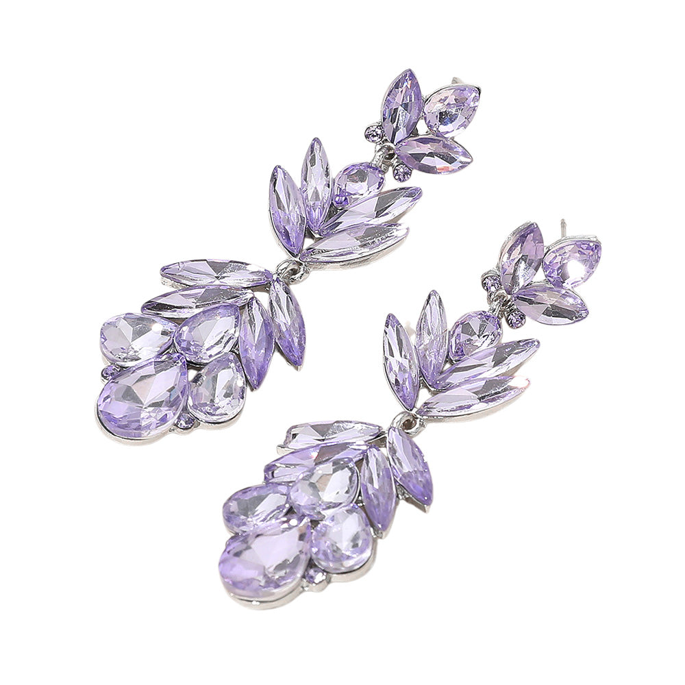 Violet Crystal Earrings with Petal Shaped Features gold backed on a white background
