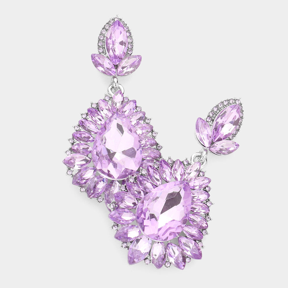 Violet purple teardrop marquise crystal dangle earrings on silver, bold statement earrings for evening and prom wear on a white background
