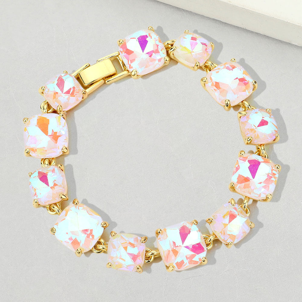 White AB Cushion Square Stone Link Evening on Gold-Pageant-Prom-Special Occasion